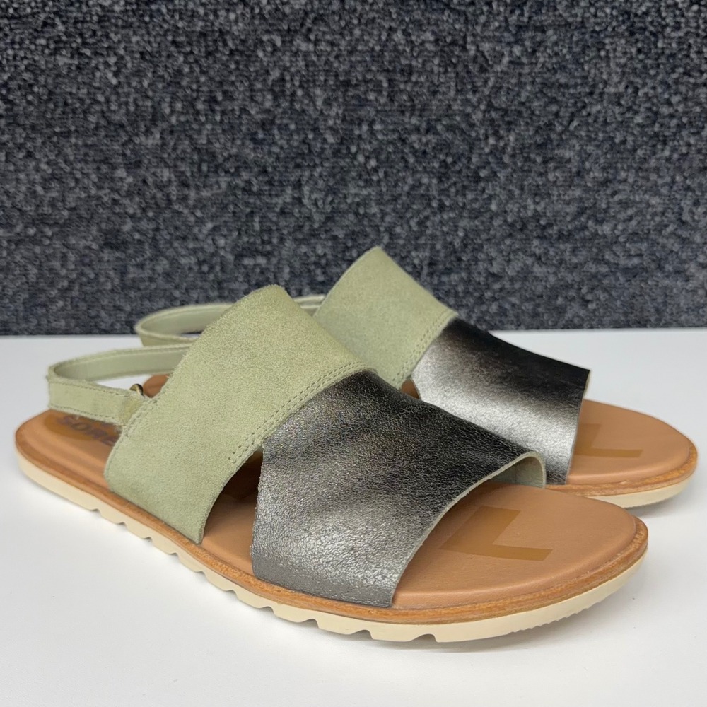 Sorel Ella II Sandals Sage Metallic Silver Suede Leather Slingback NL46664-348 7